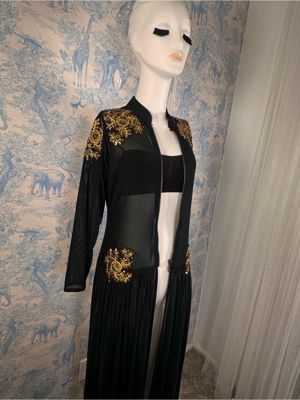 Vintage Black Mesh Zip-Front Maxi duster with Gold Appliqué - Picture 5 of 5